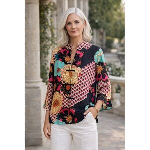 Harari 100% Silk Floral Scallop Mandarin Collar Frog Button Blouse Art Deco